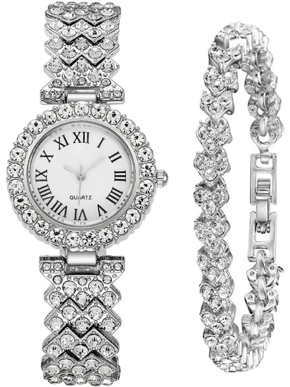 Women's All Silver Analog Fashion Diamond Bangle Bracelet Set Luxury Wrist Watch